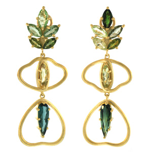 The Green Tourmaline + Aquamarine Gingko Leaf Heart Earrings