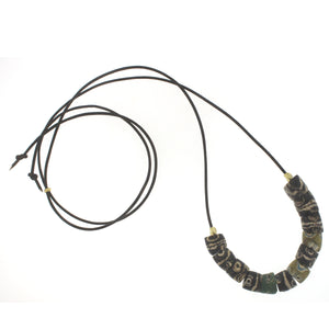 Antique African Glass Bead Necklace on Leather Cord